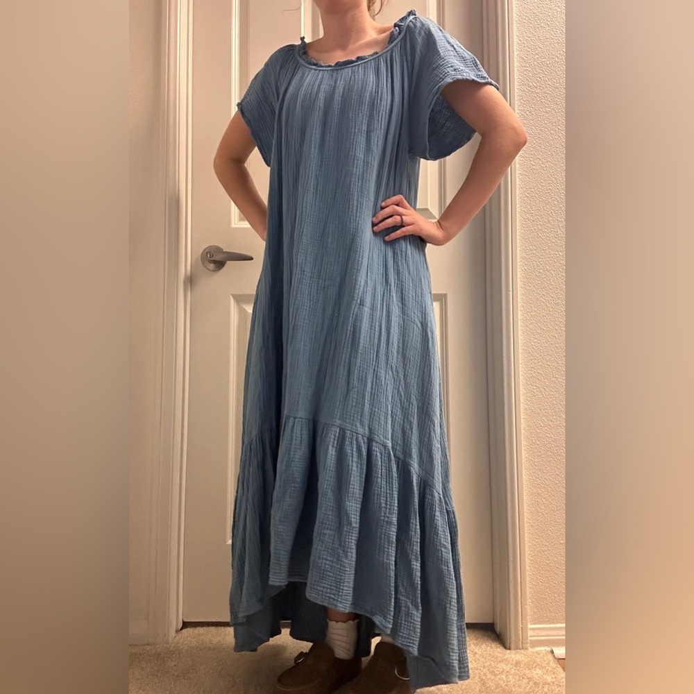 Blue Tiered Maxi Dress With Ruffle Neckline Grandma Cottagecore